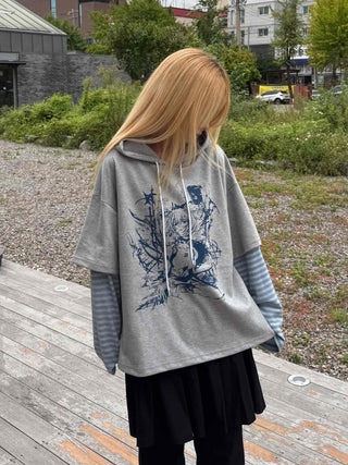 Character Color Block Striped Sleeve Hoodie