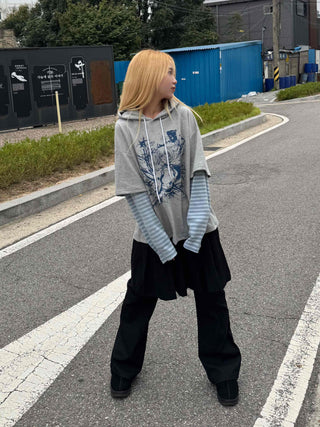Character Color Block Striped Sleeve Hoodie