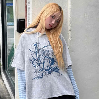 Character Color Block Striped Sleeve Hoodie