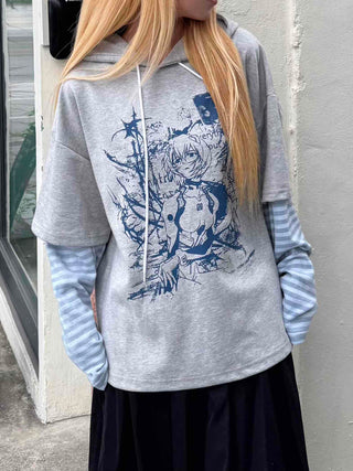 Character Color Block Striped Sleeve Hoodie