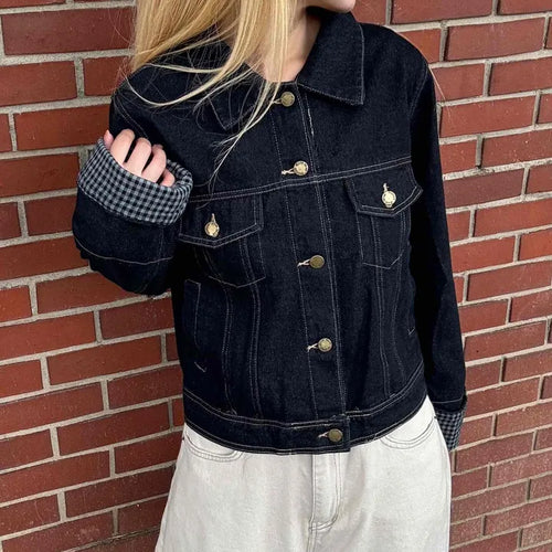 Two-pocket check-sleeve shirt collar denim jacket