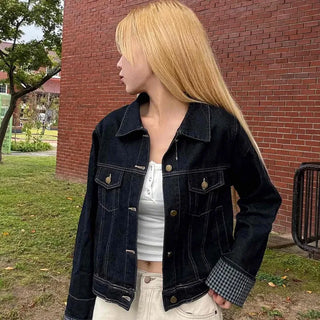 Two-pocket check-sleeve shirt collar denim jacket