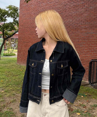 Two-pocket check-sleeve shirt collar denim jacket