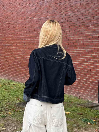 Two-pocket check-sleeve shirt collar denim jacket
