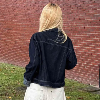 Two-pocket check-sleeve shirt collar denim jacket