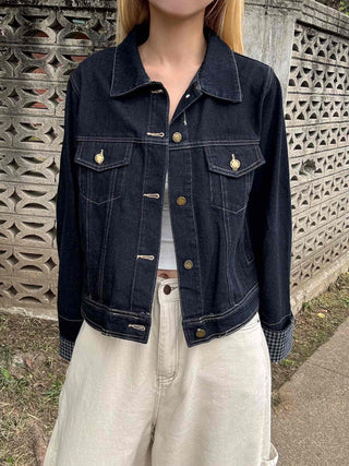 Two-pocket check-sleeve shirt collar denim jacket