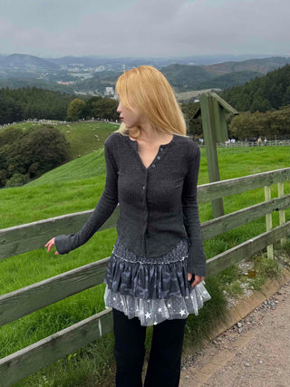Retro Ribbed Button V-Neck Cardigan