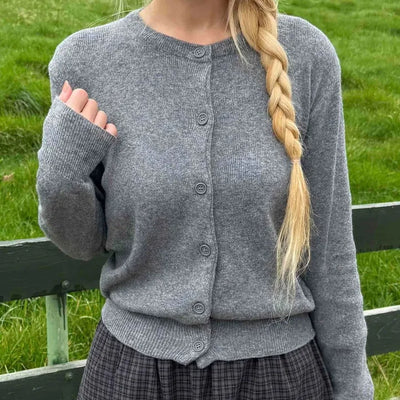 Casual Semi-Crop Round Neck Cardigan