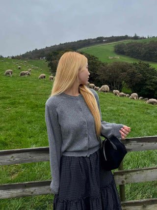 Casual Semi-Crop Round Neck Cardigan