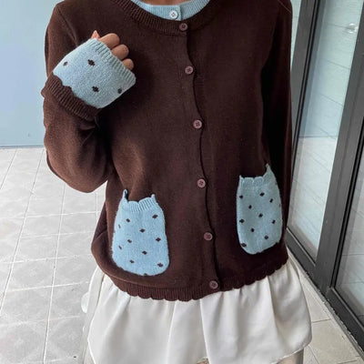 Polka Dot Color Block Round Neck Knit Cardigan
