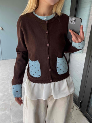 Polka Dot Color Block Round Neck Knit Cardigan