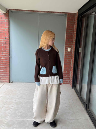Polka Dot Color Block Round Neck Knit Cardigan