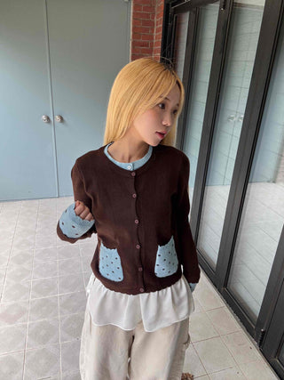 Polka Dot Color Block Round Neck Knit Cardigan