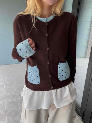 Polka Dot Color Block Round Neck Knit Cardigan