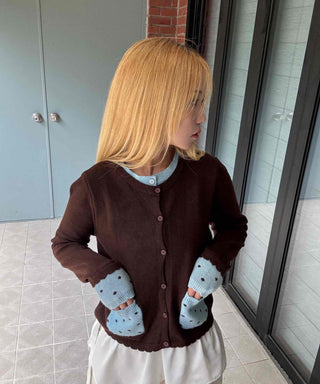Polka Dot Color Block Round Neck Knit Cardigan