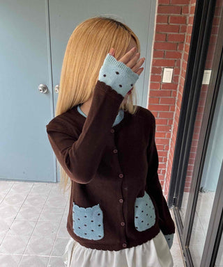 Polka Dot Color Block Round Neck Knit Cardigan