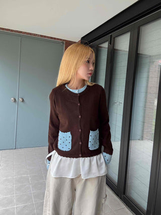 Polka Dot Color Block Round Neck Knit Cardigan