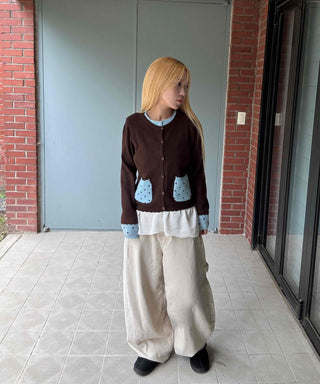 Polka Dot Color Block Round Neck Knit Cardigan