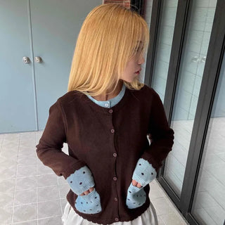 Polka Dot Color Block Round Neck Knit Cardigan