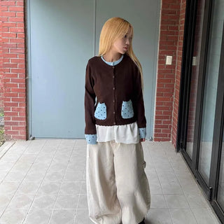 Polka Dot Color Block Round Neck Knit Cardigan