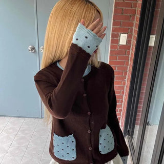 Polka Dot Color Block Round Neck Knit Cardigan