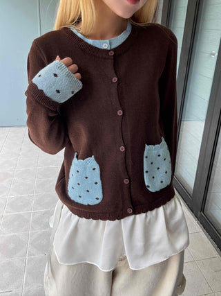 Polka Dot Color Block Round Neck Knit Cardigan