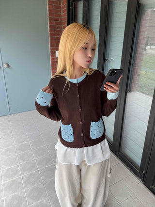Polka Dot Color Block Round Neck Knit Cardigan
