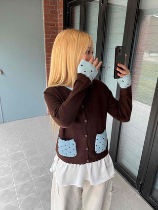 Polka Dot Color Block Round Neck Knit Cardigan