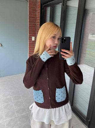 Polka Dot Color Block Round Neck Knit Cardigan