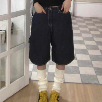 Dark Blue Simple Trendy Cargo Pants Denim Cotton Shorts