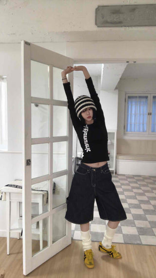 Dark Blue Simple Trendy Cargo Pants Denim Cotton Shorts