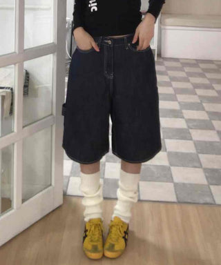 Dark Blue Simple Trendy Cargo Pants Denim Cotton Shorts