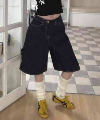 Dark Blue Simple Trendy Cargo Pants Denim Cotton Shorts