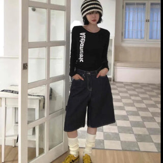 Dark Blue Simple Trendy Cargo Pants Denim Cotton Shorts