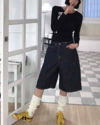 Dark Blue Simple Trendy Cargo Pants Denim Cotton Shorts