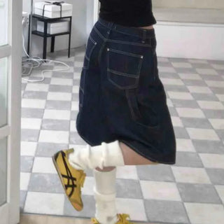 Dark Blue Simple Trendy Cargo Pants Denim Cotton Shorts