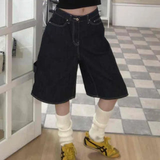 Dark Blue Simple Trendy Cargo Pants Denim Cotton Shorts