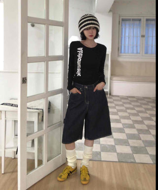 Dark Blue Simple Trendy Cargo Pants Denim Cotton Shorts