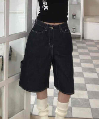 Dark Blue Simple Trendy Cargo Pants Denim Cotton Shorts
