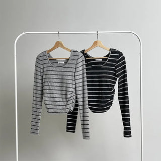 Shirred Striped Crop T-shirt Delicate Slim Fit Inner Tee, Basic Voluminous T-shirt