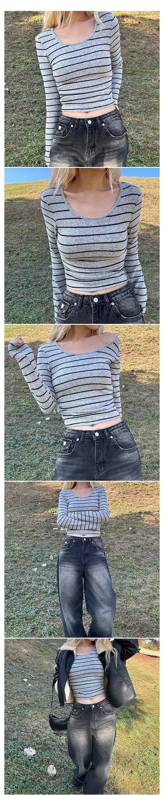 Shirred Striped Crop T-shirt Delicate Slim Fit Inner Tee, Basic Voluminous T-shirt