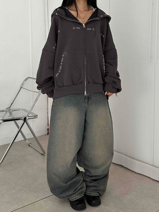 Minimal Studded Basic Zip-up Hoodie