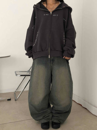 Minimal Studded Basic Zip-up Hoodie