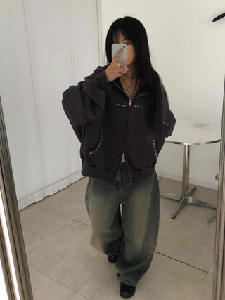 Minimal Studded Basic Zip-up Hoodie