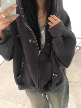 Minimal Studded Basic Zip-up Hoodie
