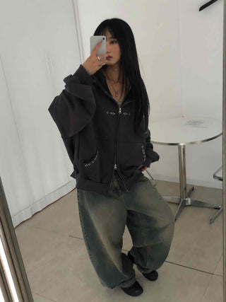 Minimal Studded Basic Zip-up Hoodie