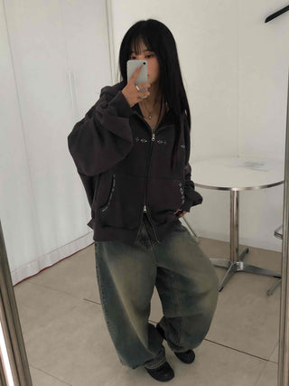 Minimal Studded Basic Zip-up Hoodie