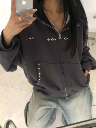 Minimal Studded Basic Zip-up Hoodie
