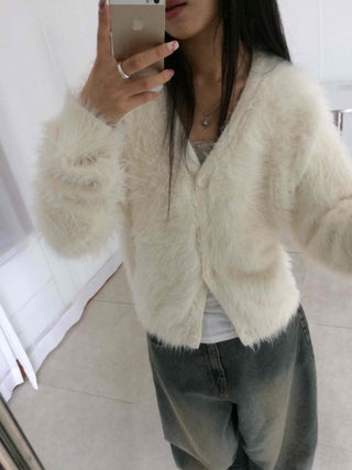 Soft Angora Round Neck Fur Cardigan