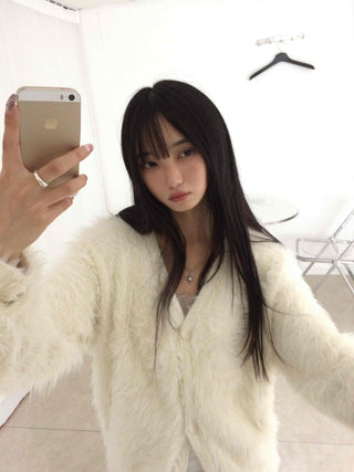 Soft Angora Round Neck Fur Cardigan